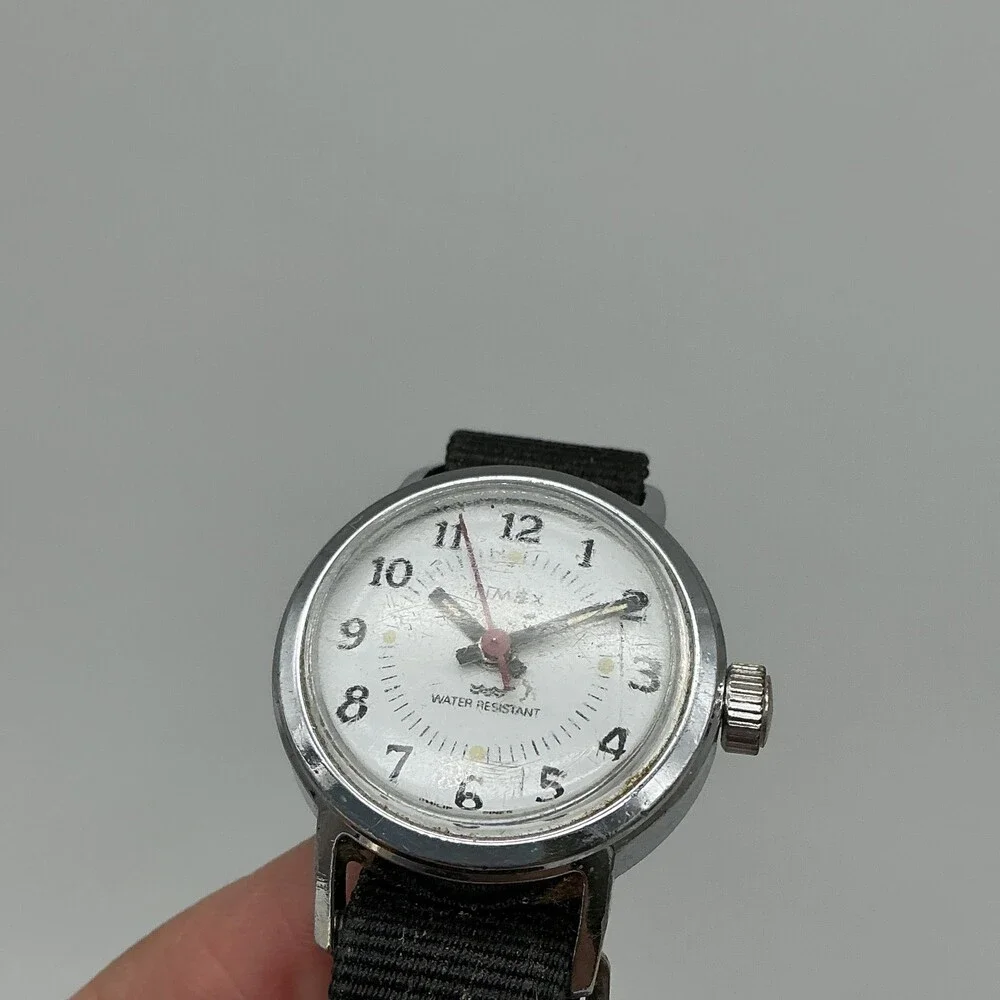 Vintage Timex Womens Watch 24mm White Dial Silver Tone Black Manual Wind